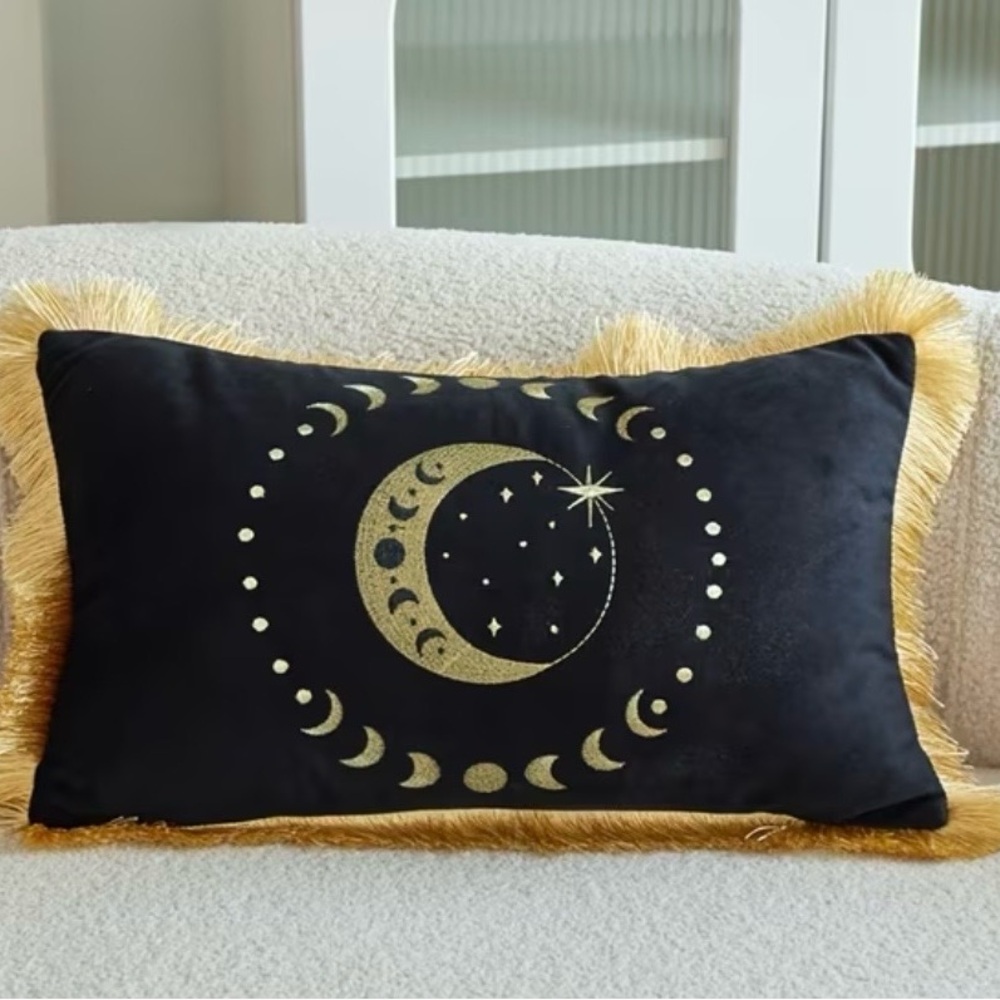 Black Velvet Pillow Cover with Gold Moon Design